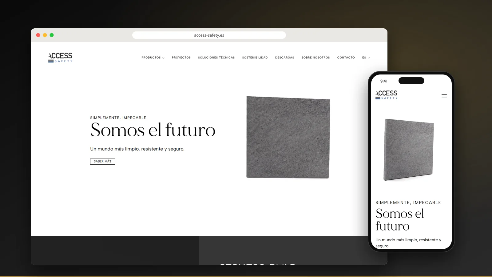 Capture de la page d'accueil du nouveau site d'Access Safety, sols techniques