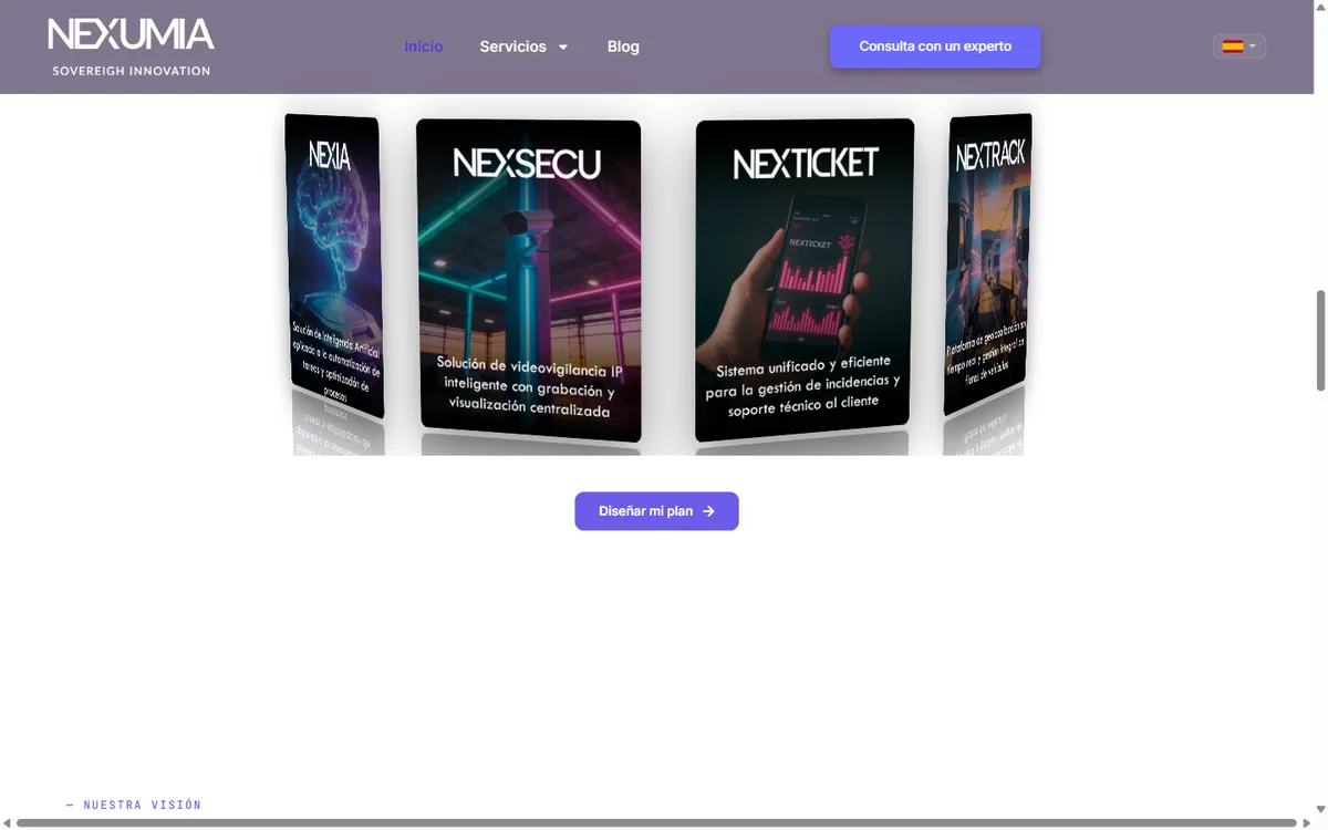 Cards of the Nexumia ecosystem modules: NEXIA, NEXSECU, NEXTICKET, NEXTRACK with descriptions of each one