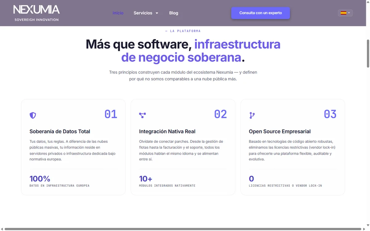 Pillars section of the Nexumia website: Total Data Sovereignty, Native Integration, Enterprise Open Source