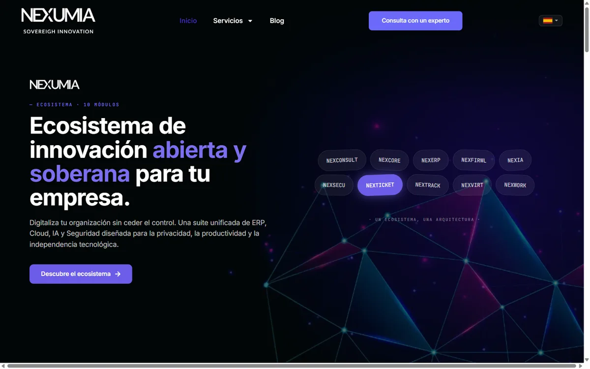 Hero of the Nexumia website with the founding manifesto "Ecosystem of open and sovereign innovation" and the 10 product modules