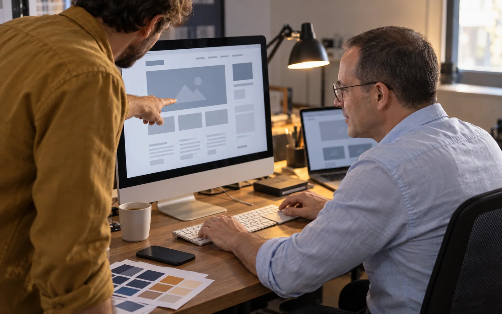 Recreación visual de José Redondo revisando una página web con un colaborador